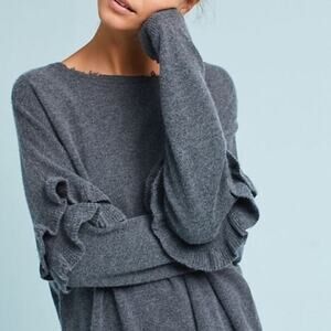 Current/Elliot Black Ruffle Sleeve Intentional Distressed Cashmere/Wool Sweater